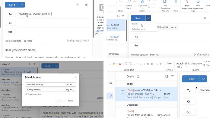 schedule an email in outlook